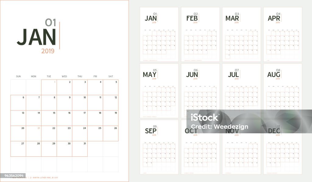 Vector of 2019 new year calendar in minimal table simple style and organic tone color,Holiday event planner,Week Starts Sunday,A5 size. Calendar stock vector
