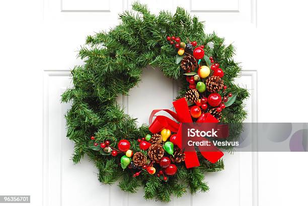 Christmas Wreath On Door Stock Photo - Download Image Now - Christmas, Wreath, Door