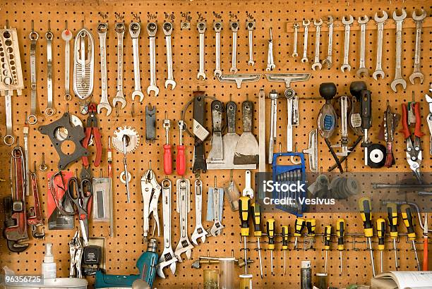 Hanging Tools Stock Photo - Download Image Now - Work Tool, Pegboard, Wall - Building Feature