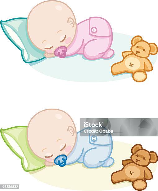 Bebés Dormir Com Urso De Pelúcia - Arte vetorial de stock e mais imagens de Almofada - Roupa de Cama - Almofada - Roupa de Cama, Brinquedo, Carinhoso