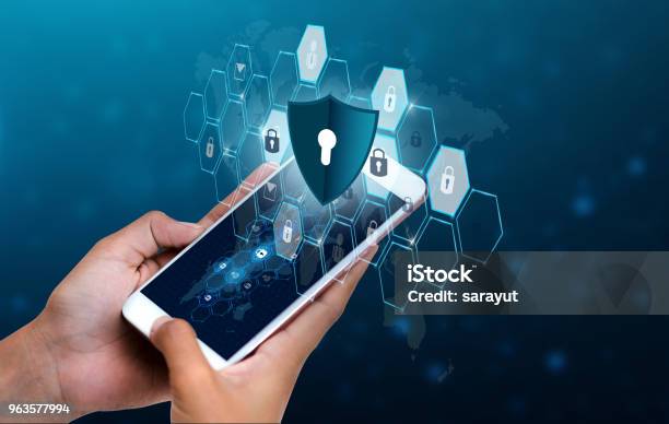 Unlocked Smartphone Lock Internet Phone Hand Business People Press The Phone To Communicate In The Internet Cyber Security Concept Hand Protection Network With Lock Icon And Virtual Screens Space Put Message Blue Tone Stock Photo - Download Image Now