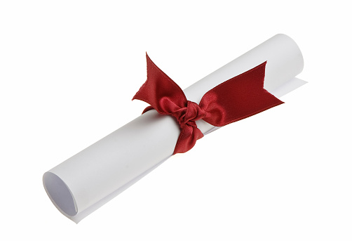 Rolled student's diplomas with blue and red ribbons on white background, collage