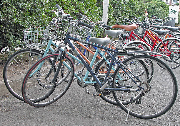 istock Numerous colored bicycles in a row on a city street. 96367489
