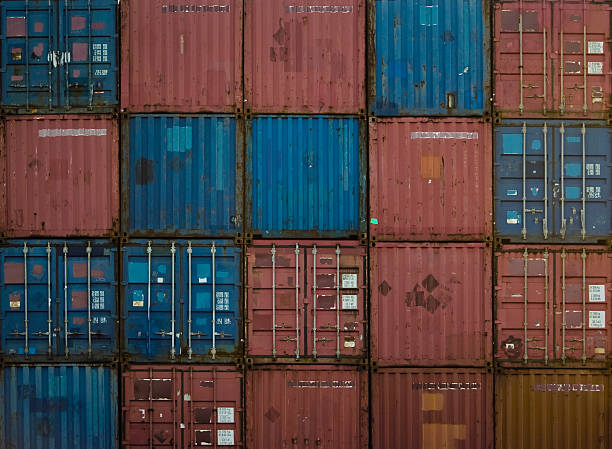 istock Old red and blue shipping containers 96367815