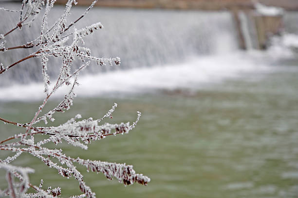 Iced branches and waterfall stock photo