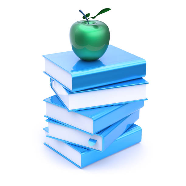 libros pila azul verde manzana en la parte superior. a símbolo de la escuela - book stack dieting textbook fotografías e imágenes de stock