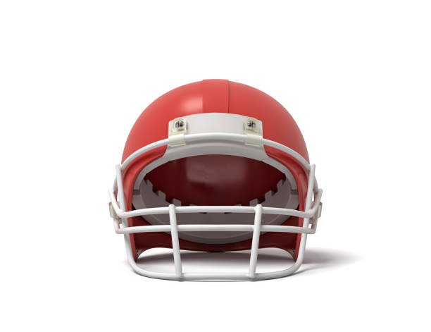 istock 3d rendering of a red American football helmet with a white protective grid on a white background 963711202