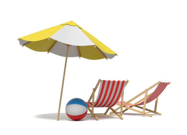 3d rendering of a white and yellow beach umbrella standing above two deck chairs. Vacation for two. Catching rays. Rest at seaside.