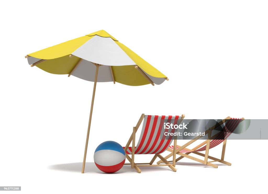 3d rendering of a white and yellow beach umbrella standing above two deck chairs 3d rendering of a white and yellow beach umbrella standing above two deck chairs. Vacation for two. Catching rays. Rest at seaside. Parasol Stock Photo