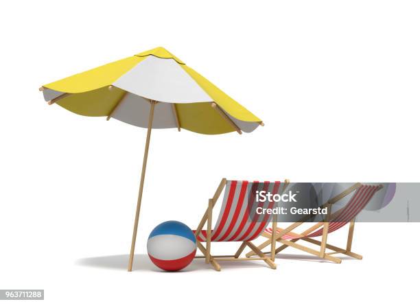 3d Rendering Of A White And Yellow Beach Umbrella Standing Above Two Deck Chairs Stock Photo - Download Image Now