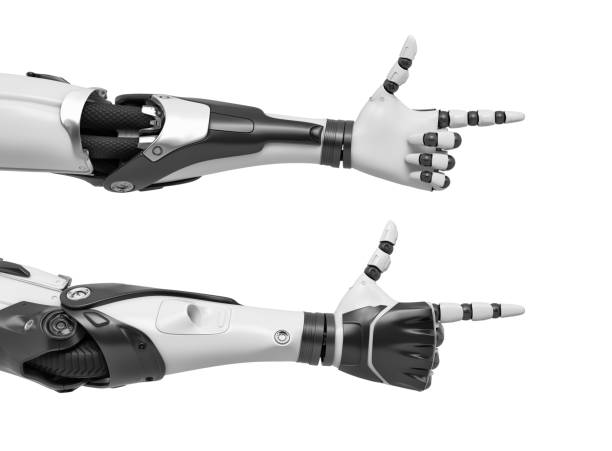 istock 3d rendering of two android arms with fingers making a pointing gun gesture 963711376