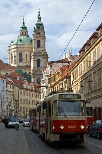 Oncoming trolley car in Prague.