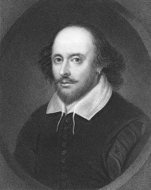 Black and white image of William Shakespeare William Shakespeare on engraving from the 1800s. English poet and playwright, widely regarded as the greatest writer in the English language. Engraved by E. Scriven and published in London by Charles Knight, Ludgate Street. william shakespeare poet illustration and painting engraved image stock illustrations