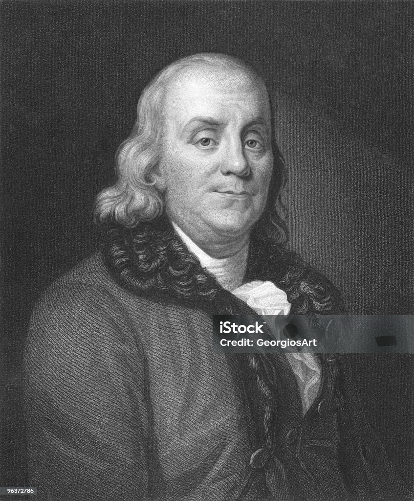 A black and white portrait of Benjamin Franklin Benjamin Franklin on engraving from the 1850s. One of the founders of the United States of America. Engraved by J. Thomson and published in London by Charles Knight, Ludgate Street & Pall Mall East. Benjamin Franklin stock illustration