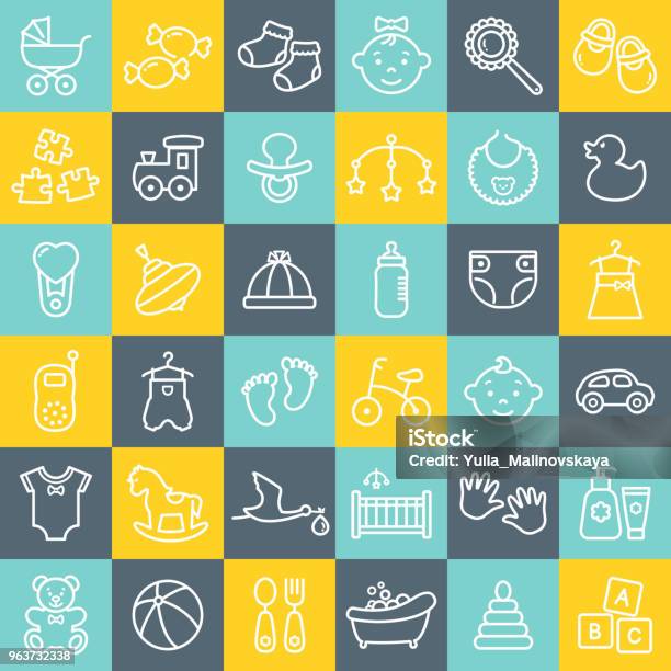 Baby Outline Icons Over Colorful Square Buttons Stock Illustration - Download Image Now - Baby - Human Age, Vector, Footprint