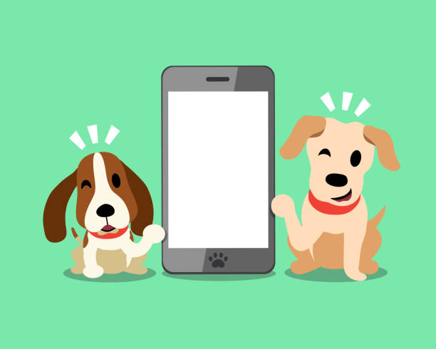 istock Vector cartoon character labrador and hound dog with smartphone 963734206