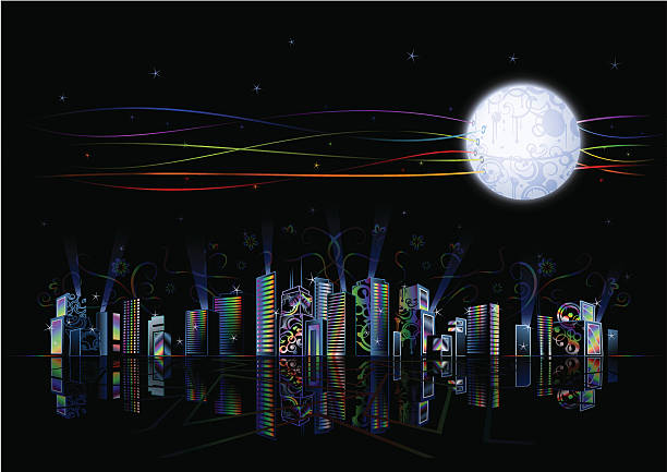 Futuristic rainbow city under artificial moon vector art illustration