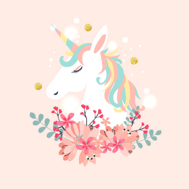 ilustraciones, imágenes clip art, dibujos animados e iconos de stock de cabeza de unicornio blanco vector con melena y cuerno en el fondo estrellado. - unicornio cabeza
