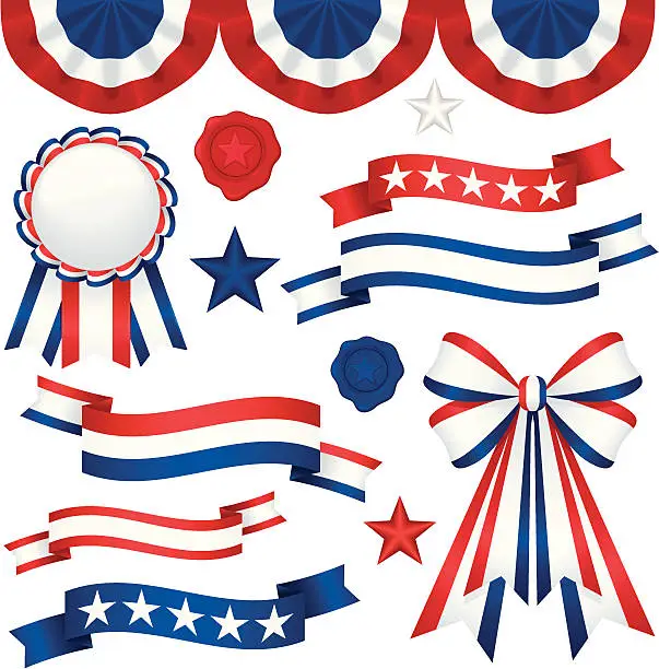 Vector illustration of Patriotic themed red, white and blue ribbons and bunting