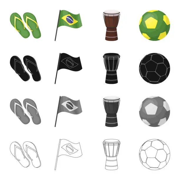 Vector illustration of Beach flip flops, the national flag of Brazil, a carnival drum, a soccer ball. Brazil set collection icons in cartoon black monochrome outline style vector symbol stock illustration web.