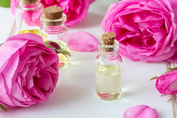 istock A bottle of rose essential oil with fresh roses 963801364