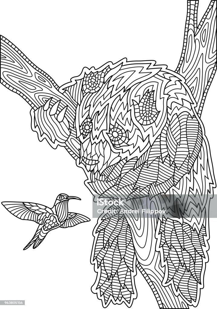 Panda and hummingbird Coloring book page with panda on the tree and little bird Coloring Book Page - Illlustration Technique stock vector