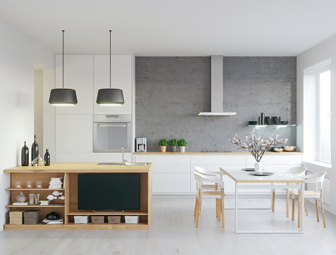 Render shot of modern kitchen, with some living room details/