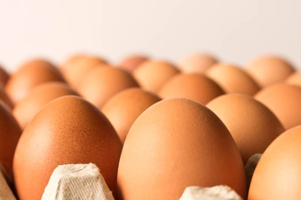 Lots of big chicken eggs on a light background. Close up. Selective focus