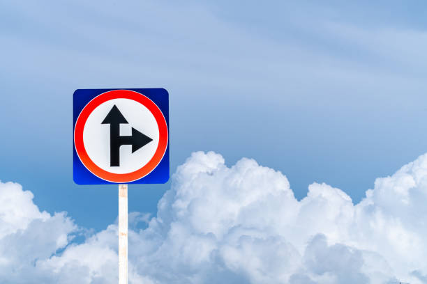 istock Traffic signs say it is a junction. Can be straight and turn right. Sky background. Copy space. 963818178