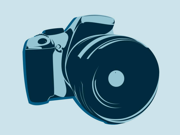 SLR camera, symbol style in blue tones on a light background SLR camera, symbol style in blue tones on a light background digital single lens reflex camera stock illustrations
