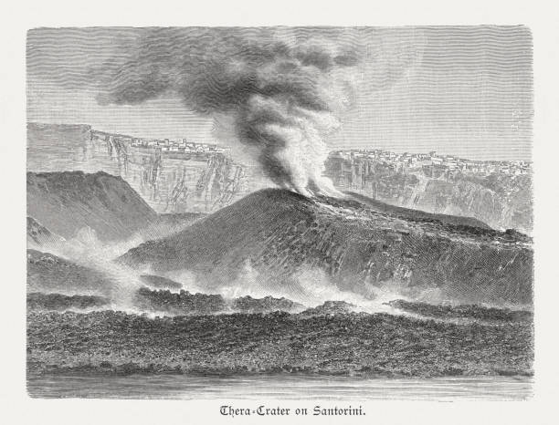 Thera crater on Santorini, Greece, wood engraving, published in 1897 Thera crater on the Greek island Santorini. Wood engraving after a photograph, published in 1897. santorini stock illustrations