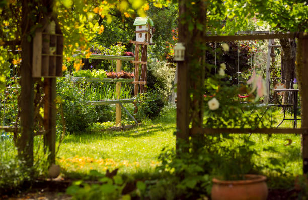 puerta del cenador en un jardín verde - birdhouse bird house ornamental garden fotografías e imágenes de stock