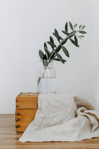 istock Olive branch in bottle. Minimal still life background 963831292