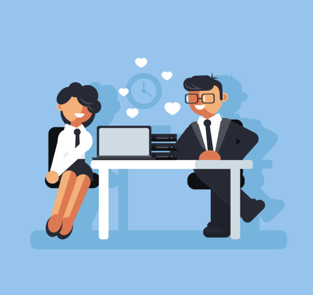 Two business people man boss and woman character falling in love at work. Corporate romance concept. Vector flat cartoon graphic design isolated illustration Two business people man and woman character falling in love at work. Corporate romance concept. Vector flat cartoon graphic design isolated work romance stock illustrations