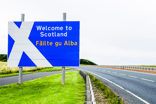 Welcome to Scotland road sign at the Scotland/England border on the A1