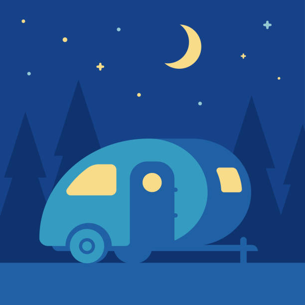 przyczepa kempingowa noc - tear drop camper stock illustrations