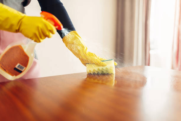 istock Housemaid hands cleans table with cleaning spray 963842848