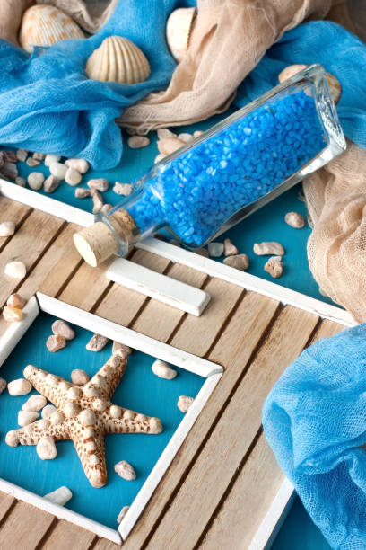 istock Marine background with  glass bottle  and seashells 963843940