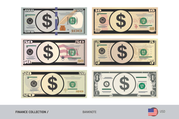 us-dollar-banknote festgelegt. flachen stil sehr detaillierte vektor-illustration. isoliert auf weißem hintergrund. geeignet für drucksorten, webdesign, mobile app und infografiken. - bill dollar currency number 100 stock-grafiken, -clipart, -cartoons und -symbole