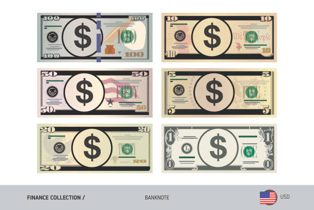 米ドル紙幣を設定します。非常に詳細なベクトル図をフラット スタイル。白い背景上に分離。印刷物、web デザイン、携帯アプリ、インフォ グラフィックに適しています。 - us paper currency illustrations点のイラスト素材／クリップアート素材／マンガ素材／アイコン素材