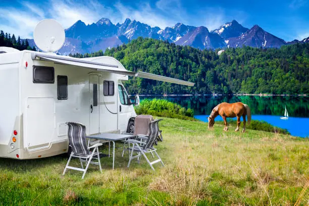 Vacation in Poland - camper by the Czorsztyn lake and Tatra Mountains landscape