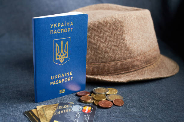 blue Ukrainian passport on gray background with euro monay blue Ukrainian passport on gray background with euro monay and beach hat blue us passport cover stock pictures, royalty-free photos & images