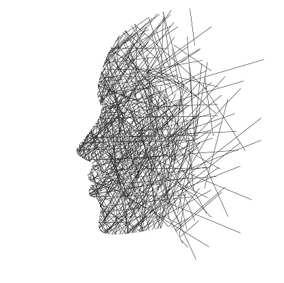 Stylized (black lines) isolated face of a human in profile on a white background, concept: thoughts, stress or creativity