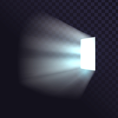 Isolated open door from a dark room on a transparent background, rectangular light source, light from a window or door