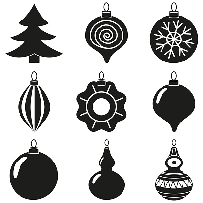 Black and white xmas tree decoration silhouette set. Holiday themed vector illustration for icon, sticker, patch, label, sign, badge, certificate or gift card decoration
