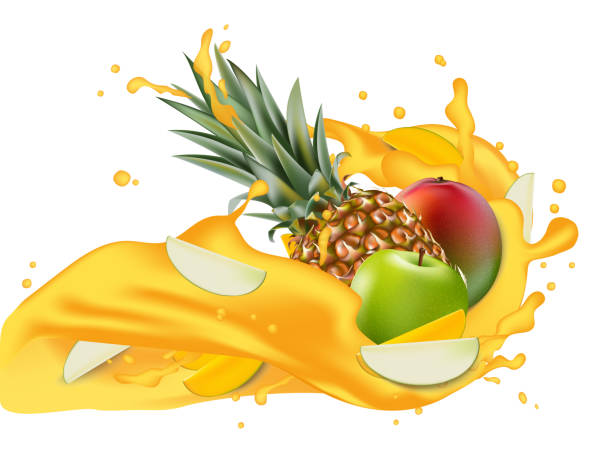 Splash of ananas juice. Mango, apple and pineapple. 3d realistic vector EPS 10. Packaging template. Brand advertising. Apple slices flowing Splash of ananas juice. Mango, apple and pineapple. 3d realistic vector EPS 10. Packaging template. Brand advertising. Apple slices flowing in the splashing multifruit juice wave. ananas stock illustrations