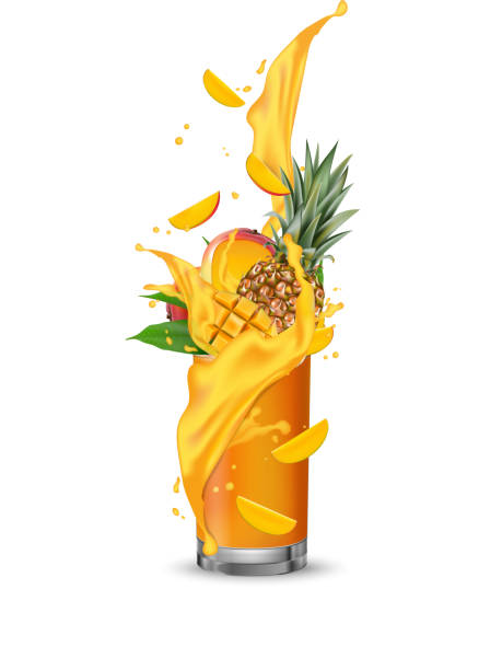 Splash of ananas juice. Mango and pineapple. 3d realistic vector EPS 10. Packaging template. Brand advertising. Splash swirl in the realistic glass. Splash of ananas juice. Mango and pineapple. 3d realistic vector EPS 10. Packaging template. Brand advertising. Splash swirl in the realistic glass. Mango slices falling into the glass cup ananas stock illustrations