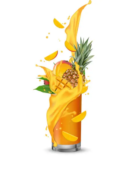 Vector illustration of Splash of ananas juice. Mango and pineapple. 3d realistic vector EPS 10. Packaging template. Brand advertising. Splash swirl in the realistic glass.