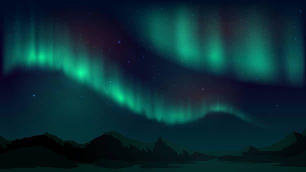 illustrazioni stock, clip art, cartoni animati e icone di tendenza di illustrazione vettoriale con aurora boreale, notte stellata del nord - islande