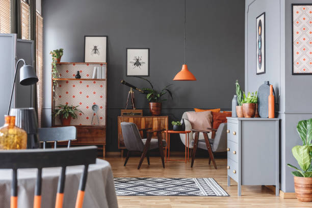 istock Retro grey living room interior 963857886